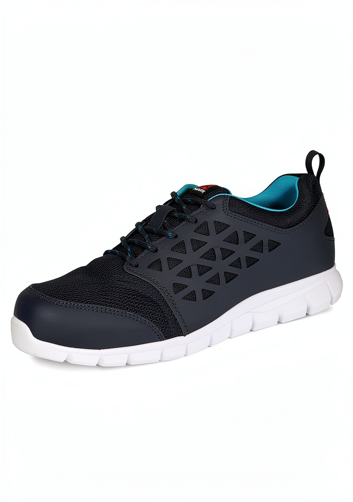 Scarpe da cantiere Warson Group sicurezza antiscivolo blu in uso su pavimento industriale